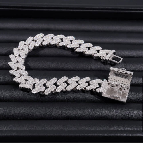 12mm Moissanite Cuban Bracelet - 18K White Gold Over 925 Silver