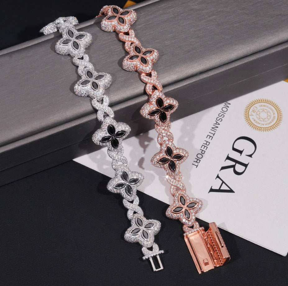 Custom Black and White Mixed Moissanite Clover Bracelet - White/Rose Gold - 18K Over 925 Silver