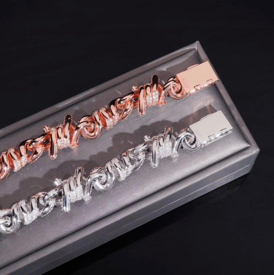 Custom 12mm Barbwire Moissanite Bracelet - White/Rose Gold - 18K Over 925 Silver
