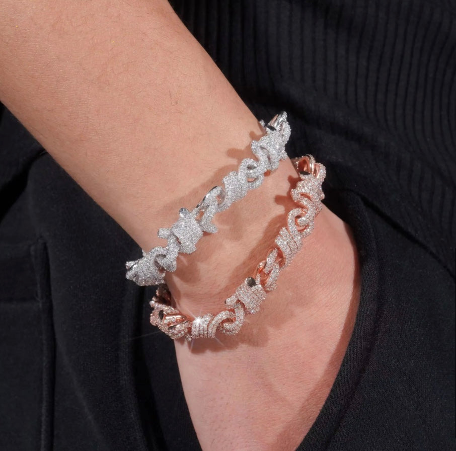 Custom 12mm Barbwire Moissanite Bracelet - White/Rose Gold - 18K Over 925 Silver