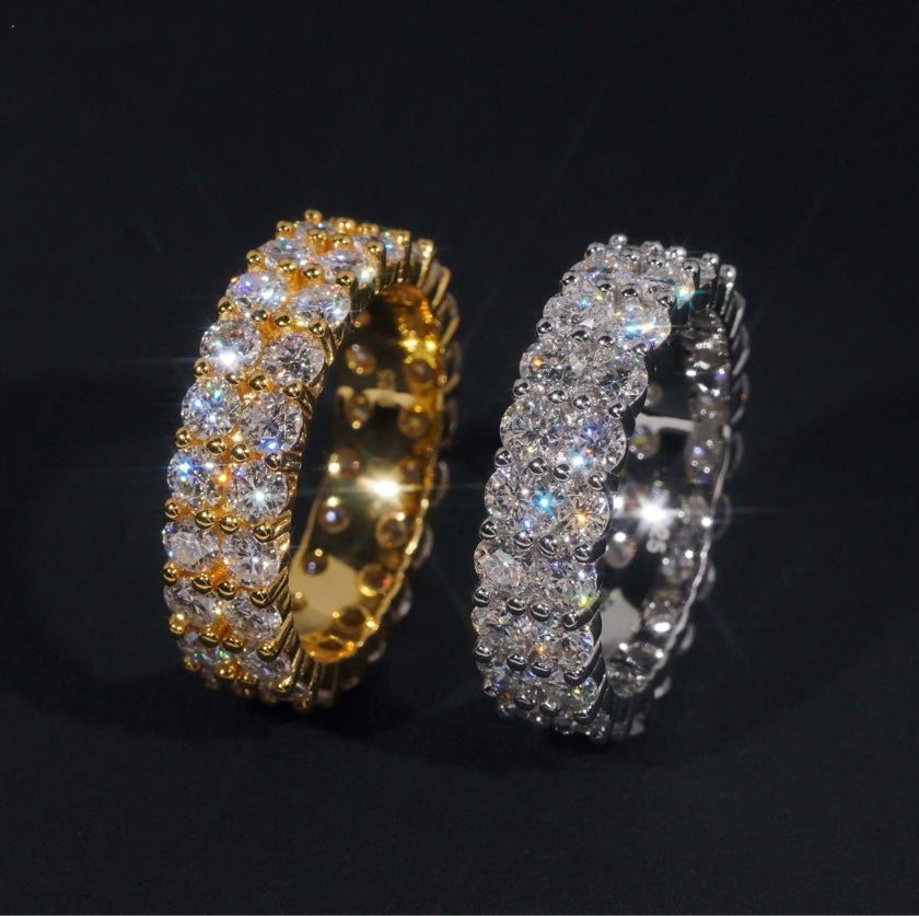 Custom 2 Row Eternity Wedding Band Moissanite Ring - White or Yellow Gold Over 925 Silver