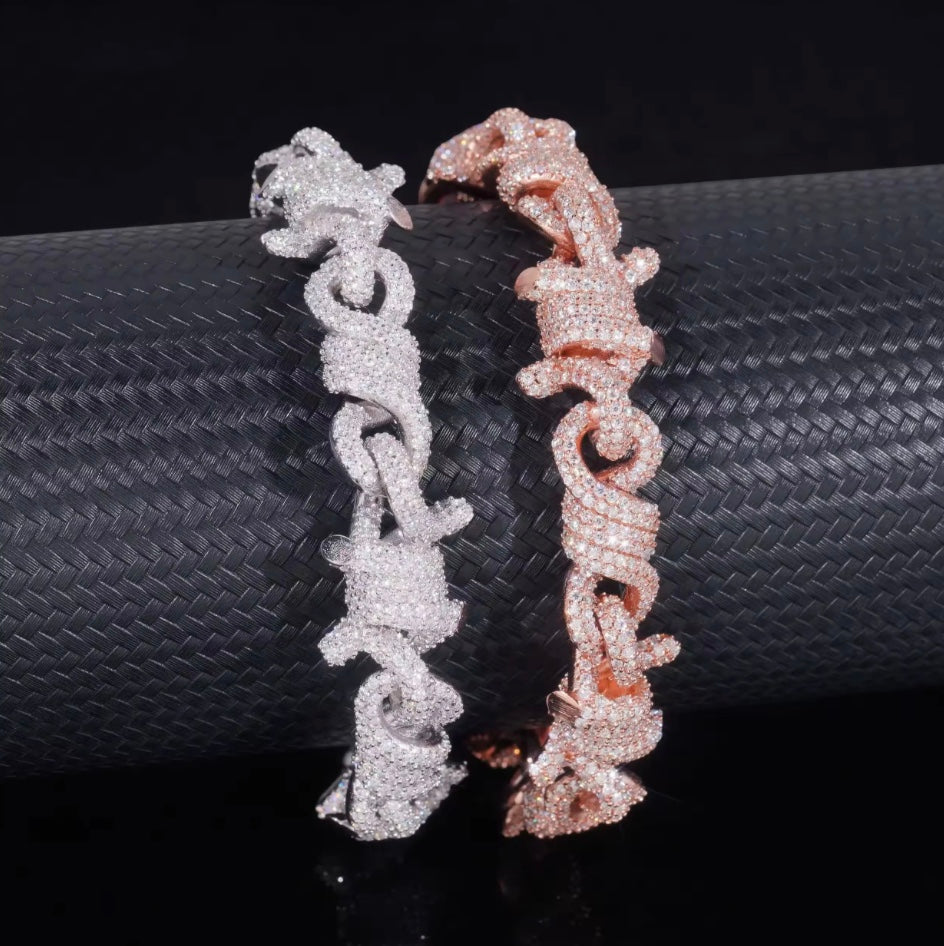 Custom 12mm Barbwire Moissanite Bracelet - White/Rose Gold - 18K Over 925 Silver
