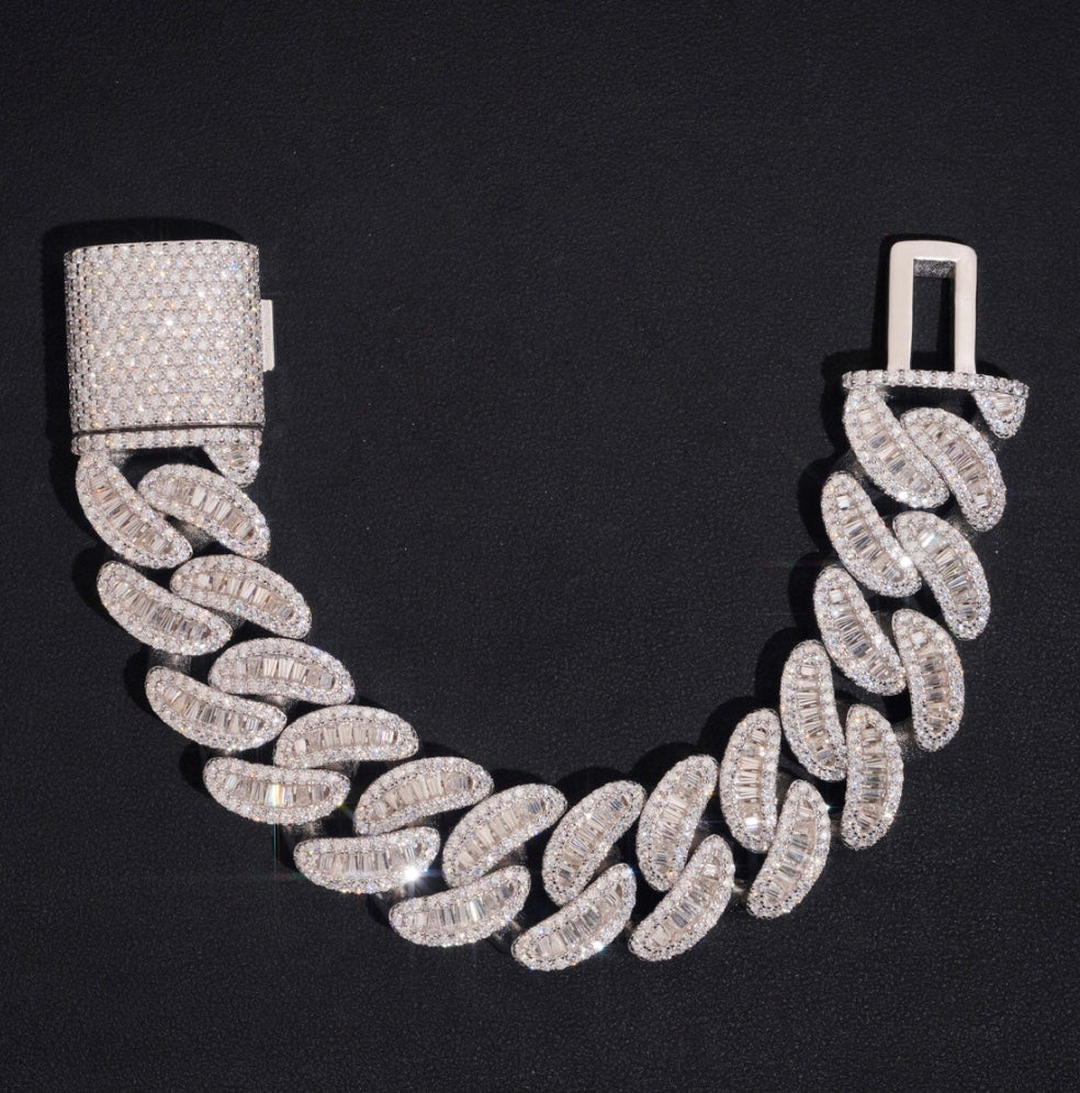 20mm Moissanite Cuban Bracelet with 18K White Gold Over 925 Silver