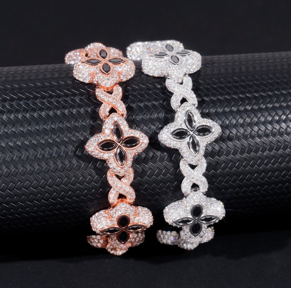 Custom Black and White Mixed Moissanite Clover Bracelet - White/Rose Gold - 18K Over 925 Silver