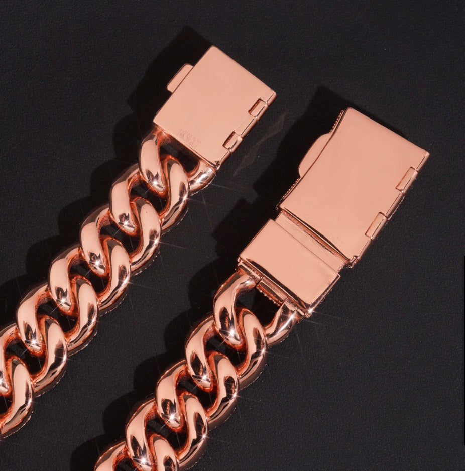 22mm Moissanite Cuban Chain with 18K Rose Gold Over 925 Silver