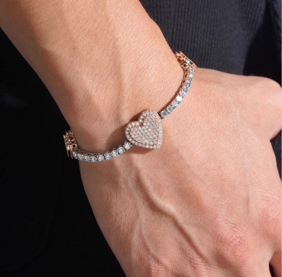 3mm Moissanite Heart Tennis Bracelet with Rose Gold Over 925 Silver