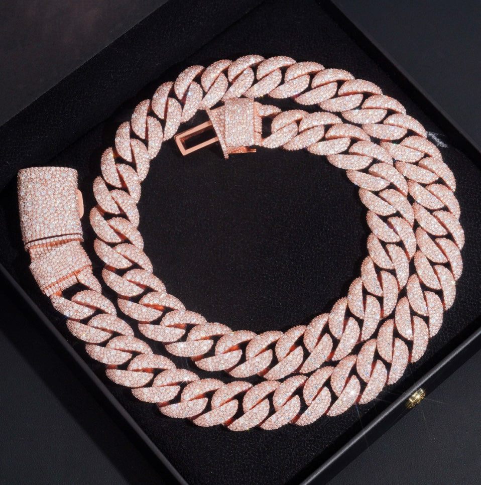 22mm Moissanite Cuban Chain with 18K Rose Gold Over 925 Silver