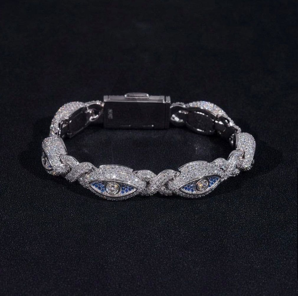 Custom Blue and White Moissanite Eye Bracelet - 18K White Gold Over 925 Silver