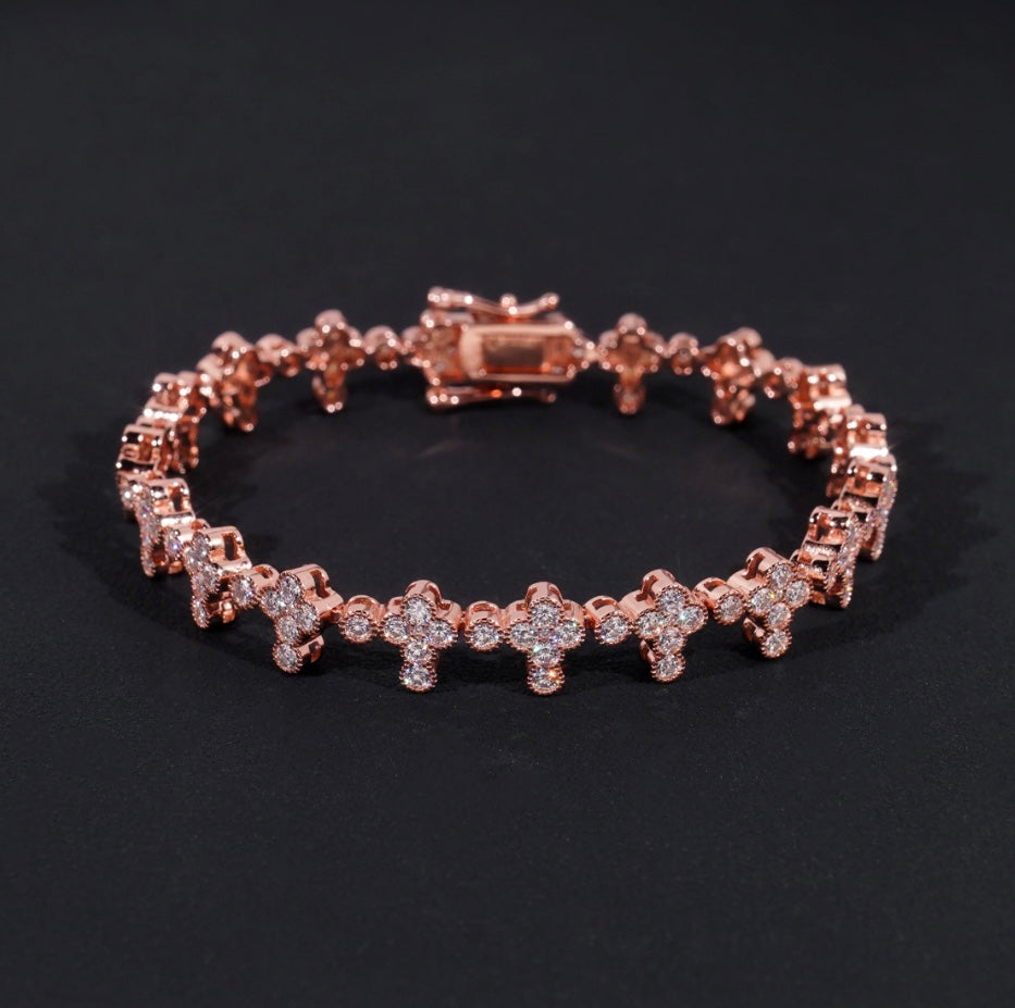 3mm Moissanite Cross Tennis Bracelet with 18K Rose Gold Over 925 Silver