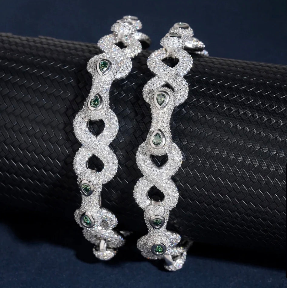 Custom Infinity Green and White Moissanite Bracelet - 18K White Gold Over 925 Silver