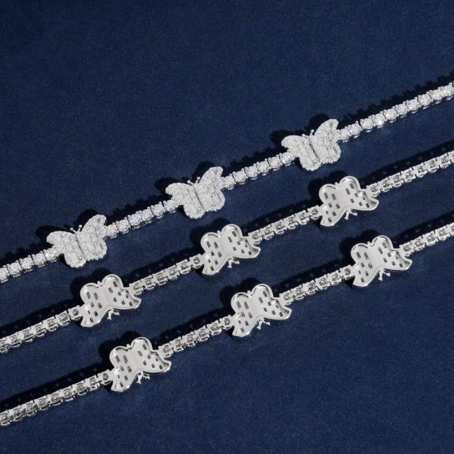 3mm Butterfly Moissanite Tennis Bracelet - 18K White Gold Over 925 Silver